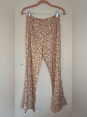 Zara Floral Satin Flare Pants, Pastel Multicolor, Fun Retro 60s 70s Style, M